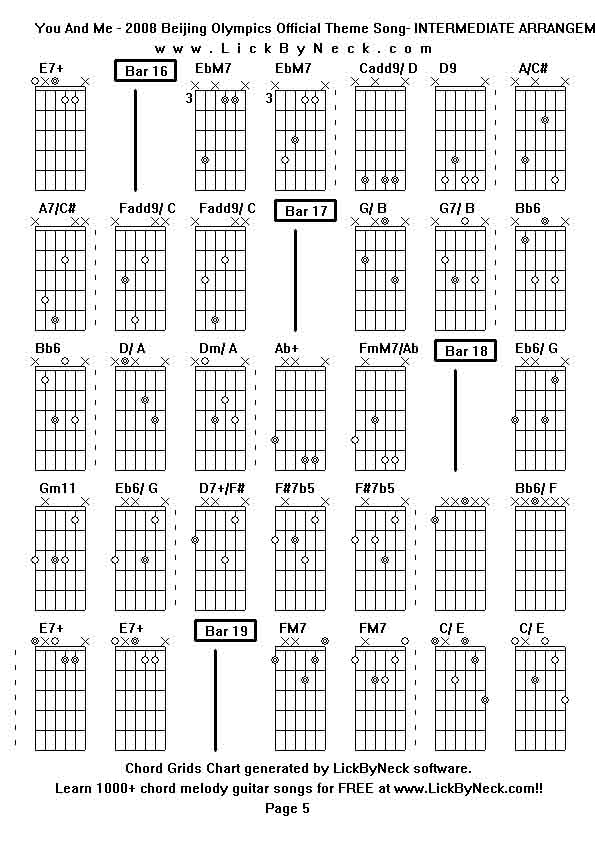 Chord Grids Chart of chord melody fingerstyle guitar song-You And Me - 2008 Beijing Olympics Official Theme Song- INTERMEDIATE ARRANGEMENT,generated by LickByNeck software.